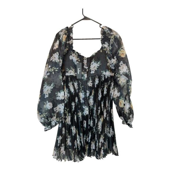 Lulus Sweetest Affection Black Floral Pleated Babydoll Mini Dress NWT New M - Picture 7 of 9